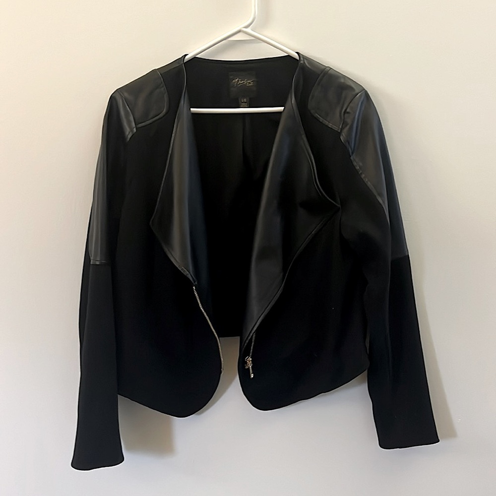 Large black jacket with faux leather details